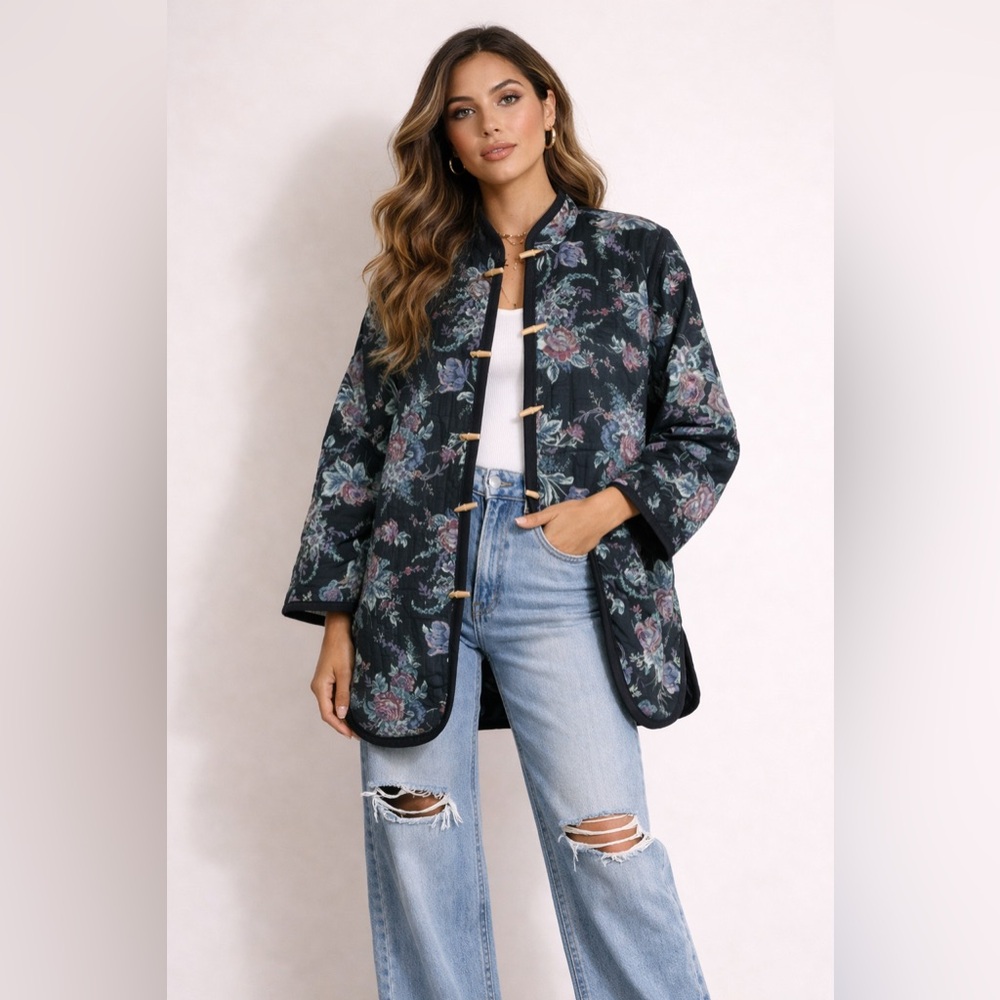 Vintage Mandarin Style Quilted Floral Jacket
